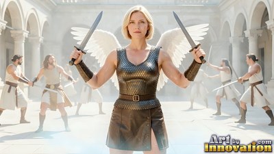 In a sunlit courtyard, a woman with wings in bronze armor raises two swords