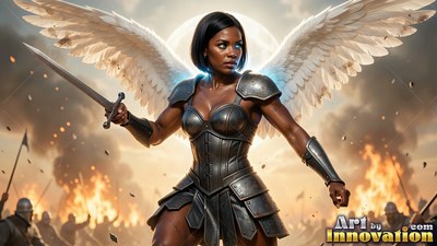 A woman with wings in armor holds a sword on a smoky battlefield