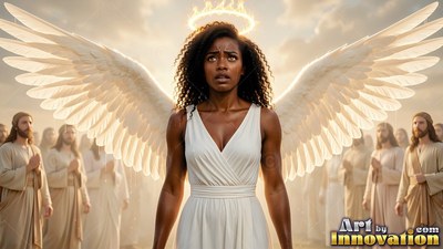 A light white dress on a winged Black woman standing before a crowd in hazy sunlight