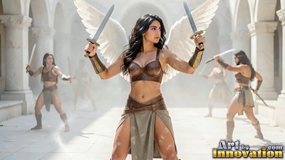 Standing with swords raised, a woman with wings in leather armor trains in a courtyard