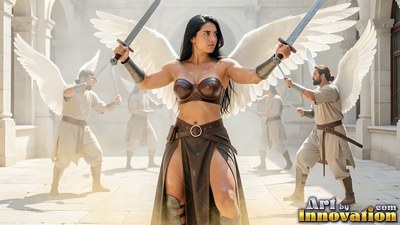 A woman with wings in leather armor raises two swords in a sunny courtyard