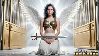 Before open golden gates, a woman with wings kneels holding a sword across her lap