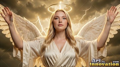 A winged blonde woman lifts her hands before a lightning storm