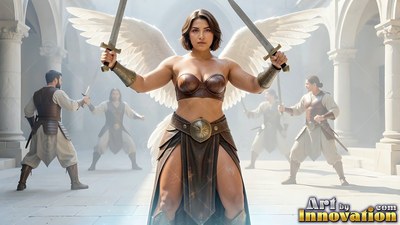 Leather armor clothes a woman with wings holding two swords in a sunny courtyard