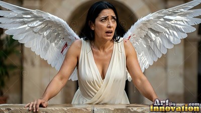 A dark-haired woman spreads white wings over a stone ledge in soft daylight