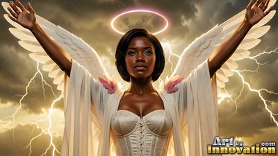 Winged Black woman in a corset before lightning storms