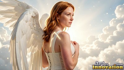 Red hair cascades down the back of a woman with white wings, standing before bright clouds