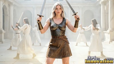 In a stone courtyard, a blonde woman in armor holds up two swords