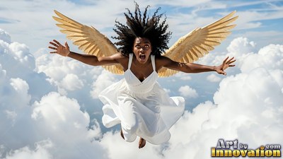 Falling through clouds, a woman in a plain white dress opens wide golden wings