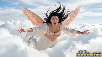 A woman with wings falls through bright clouds with a shocked look