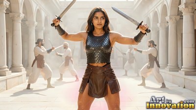A woman raises two short swords in a courtyard filled with pale sunlight