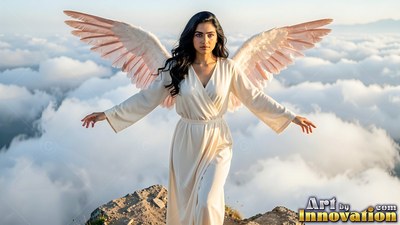 Facing forward on a rocky peak, a winged woman in a cream dress stands above clouds