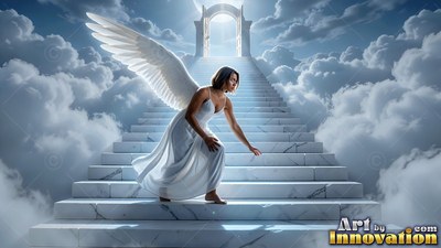 On marble clouds stairs, a woman with wings wearing a white gown reaches forward
