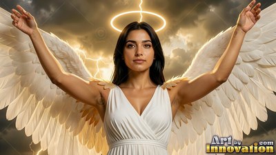 A woman sporting wings in white raises her arms under a bright halo