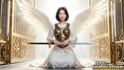 A woman with wings kneels holding a horizontal sword before open golden gates in bright light