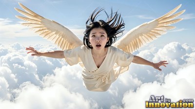 Diving forward with arms out, a winged woman flies in a white robe above clouds