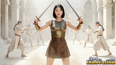 A woman in scale armor holds two raised swords in a stone courtyard