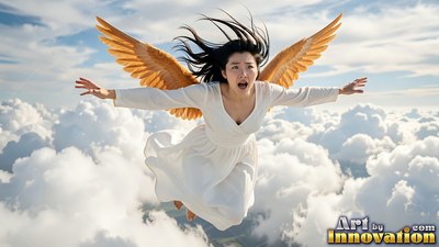 Falling through the sky, a startled woman in a white dress spreads brown wings over clouds