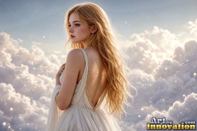 Blonde woman in light white dress standing in soft clouds