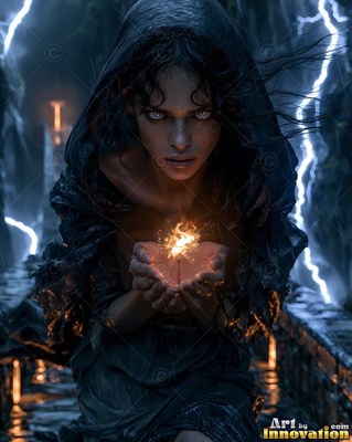 A hooded woman holds a tiny flame in her cupped hands during a lightning storm