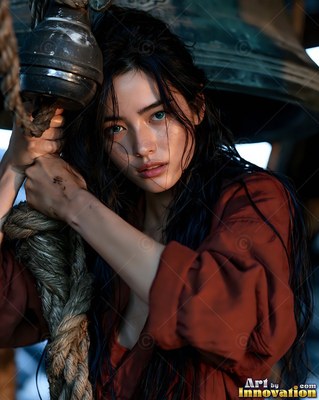 Under a heavy bronze bell, a young woman in rust-red cloth holds onto thick ropes