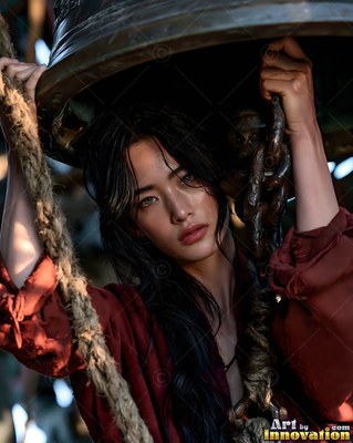 Holding up a heavy bronze bell, a dark-haired woman in a red shirt grips its iron chain