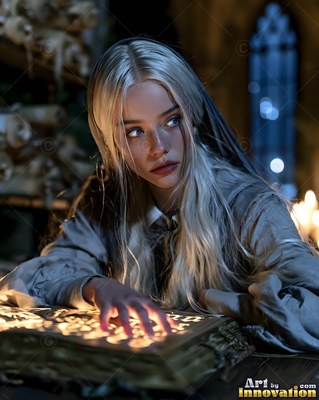 Wearing a loose gray shirt in a dark library, a blonde woman rests her hand on a bright open book