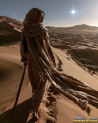 A woman walks down a sand dune with a staff beneath a bright white star