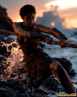 Crouching on dark rocks by the sea, a woman in leather armor pulls on a spear
