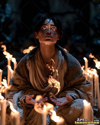A woman in worn robes looks up with fire rising between her hands beside lit candles