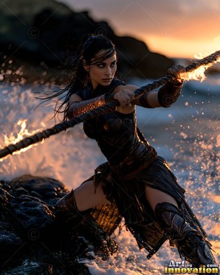 On a rocky shore at sunset, an armored woman grips a burning staff in the surf