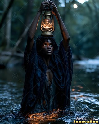 Wading in dark water, a woman in black rags balances an oil lantern on her head
