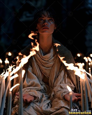 A woman in a cream robe sitting behind burning candles