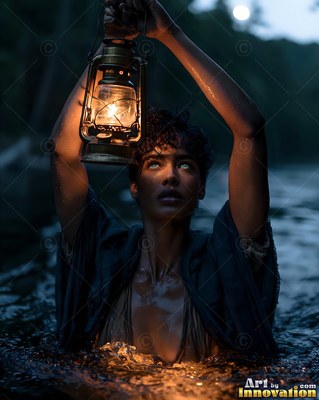 With wet short hair, a woman stands deep in a dark river lifting an old lantern overhead