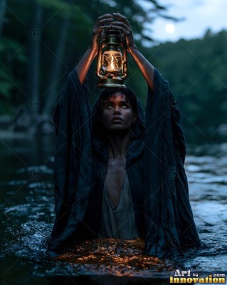 A woman stands in dark water holding up a lantern that casts warm yellow light
