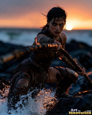 Crouched on dark ocean rocks, a woman thrusts a spear at sunset