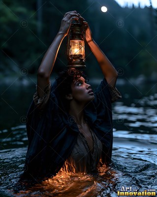 A woman wades in dark river water holding a lit lantern over her head