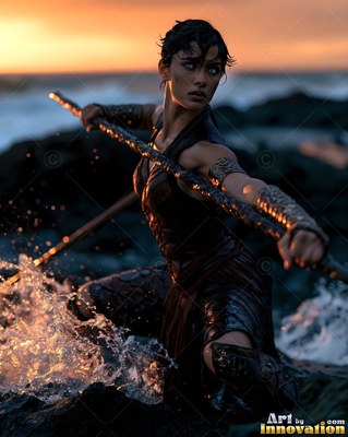 On a rocky shore at dusk, a woman crouches in dark armor with a staff