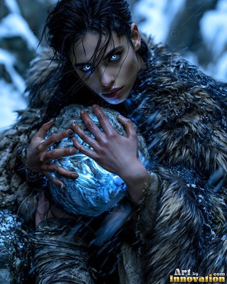 Holding a bright ice sphere, a woman in fur wraps looks up with shining blue eyes