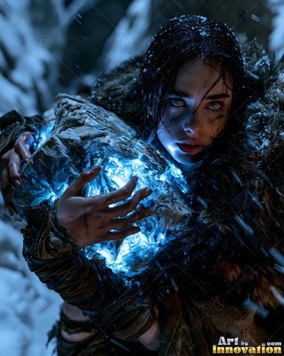 A woman holds a cracked stone shining with blue light in the snow