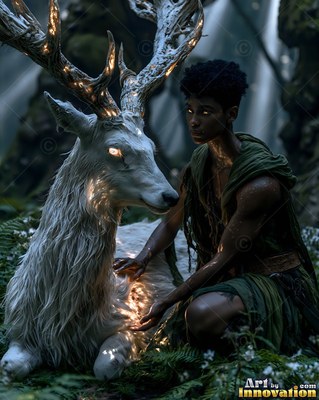 Draped in dark green cloth, a young woman kneels beside a white stag in a dim forest