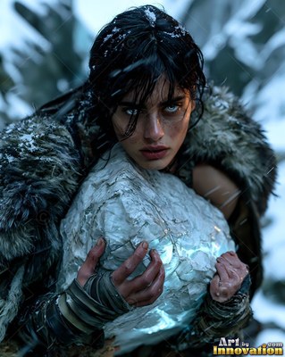 A woman clutches a pale ice stone in the falling snow under cold blue light