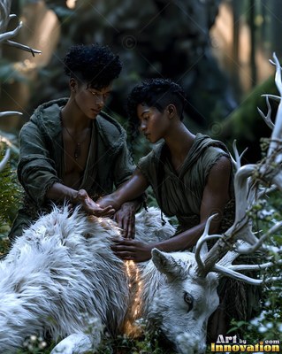 Kneeling in a deep forest, a woman and man gently touch a white stag