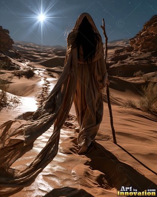 A hooded woman walks through desert sand with a staff under a bright star
