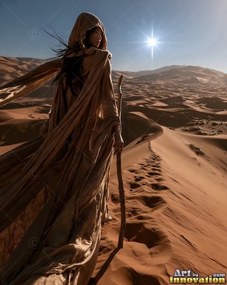 Across desert dunes, a hooded woman in long tan robes walks with a wooden staff