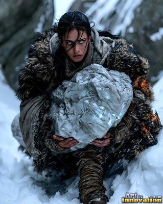 Crouching in the snow, a woman in fur wraps carries a heavy pale rock in both hands