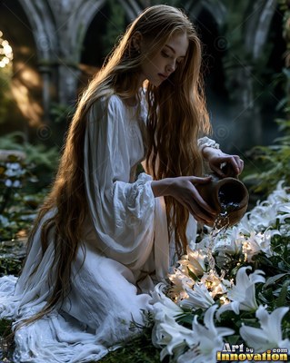 Woman wearing a white dress pours water on lilies in ruins