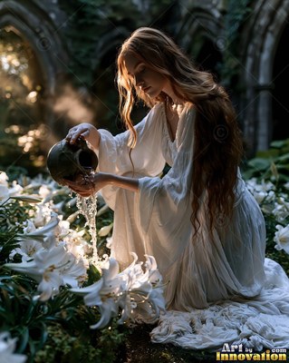 Long red hair falls over a woman in a white dress pouring water in ruins