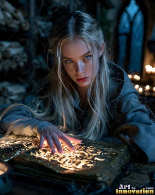 A blonde woman hovers her hand over an open book lit by warm light from its pages