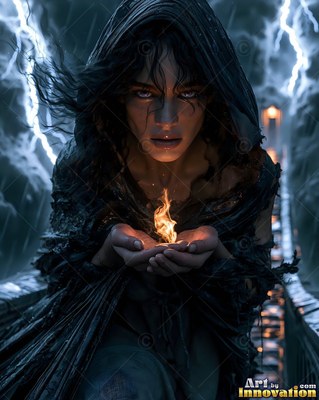 Kneeling in a dark storm, a hooded woman holds a tiny flame in her cupped hands